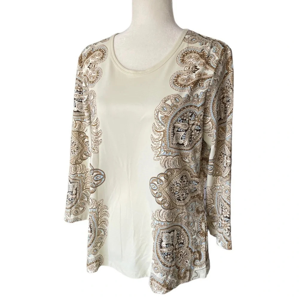 J. McLaughlin Catalina Cloth Block Paisley/Medallion 3/4 Sleeve Top XL